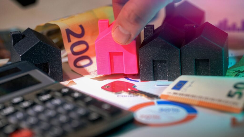 Calculatrice, billets d'euros et maquette de maison, illustrant l'estimation d'un bien immobilier